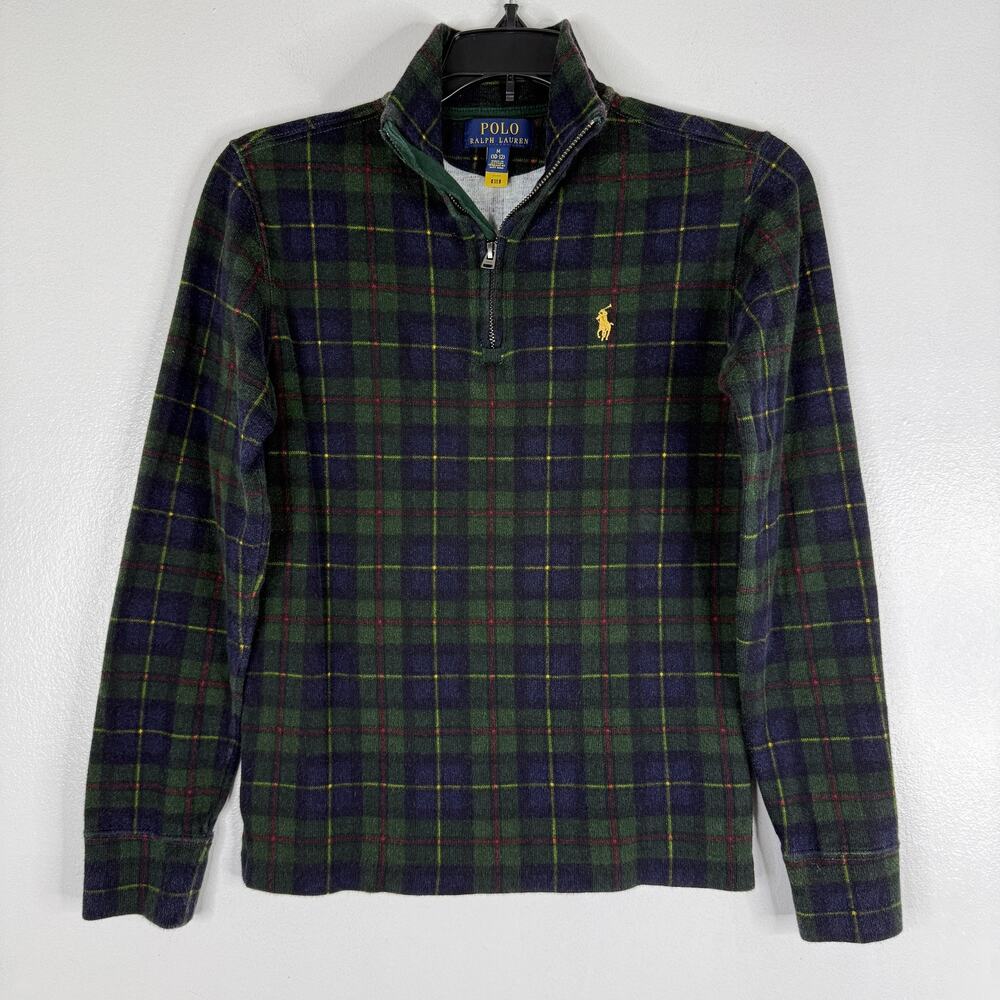 Polo Ralph Lauren Sweater Girls Medium 10-12 Green Plaid 1/4 Zip Pullover